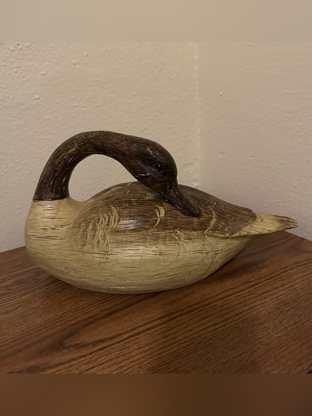 Hand-Carved Wooden Duck Sculpture in Brown and Cream 15” Length